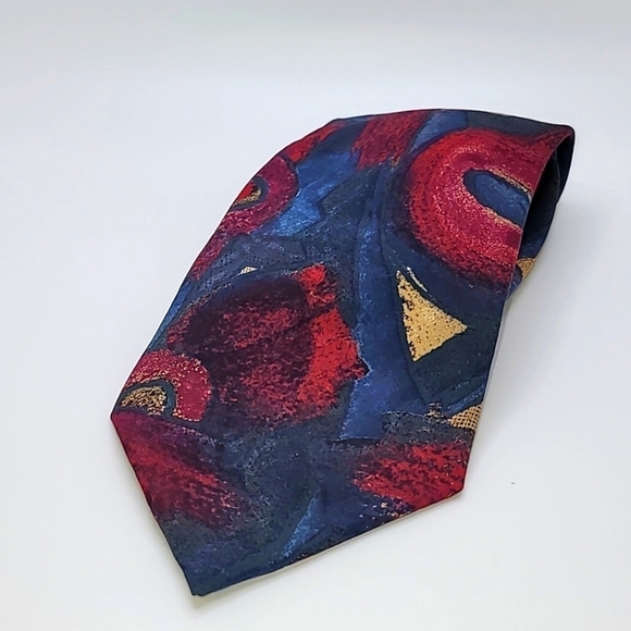PICCO 100% Silk Red Blue Black Geometric Artsy Men's Tie - Picture 1 of 3